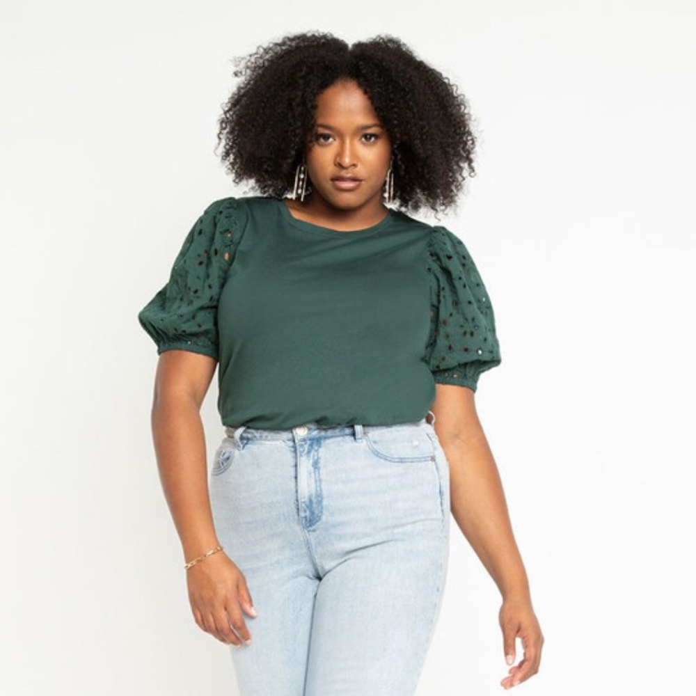 Eyelet Puff Sleeve Top in Forest Green